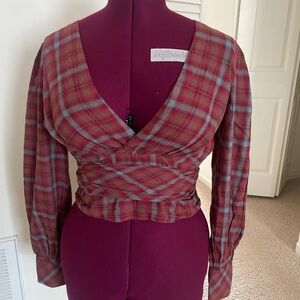 Lulu's Red and Gray Plaid Wrap Blouse
